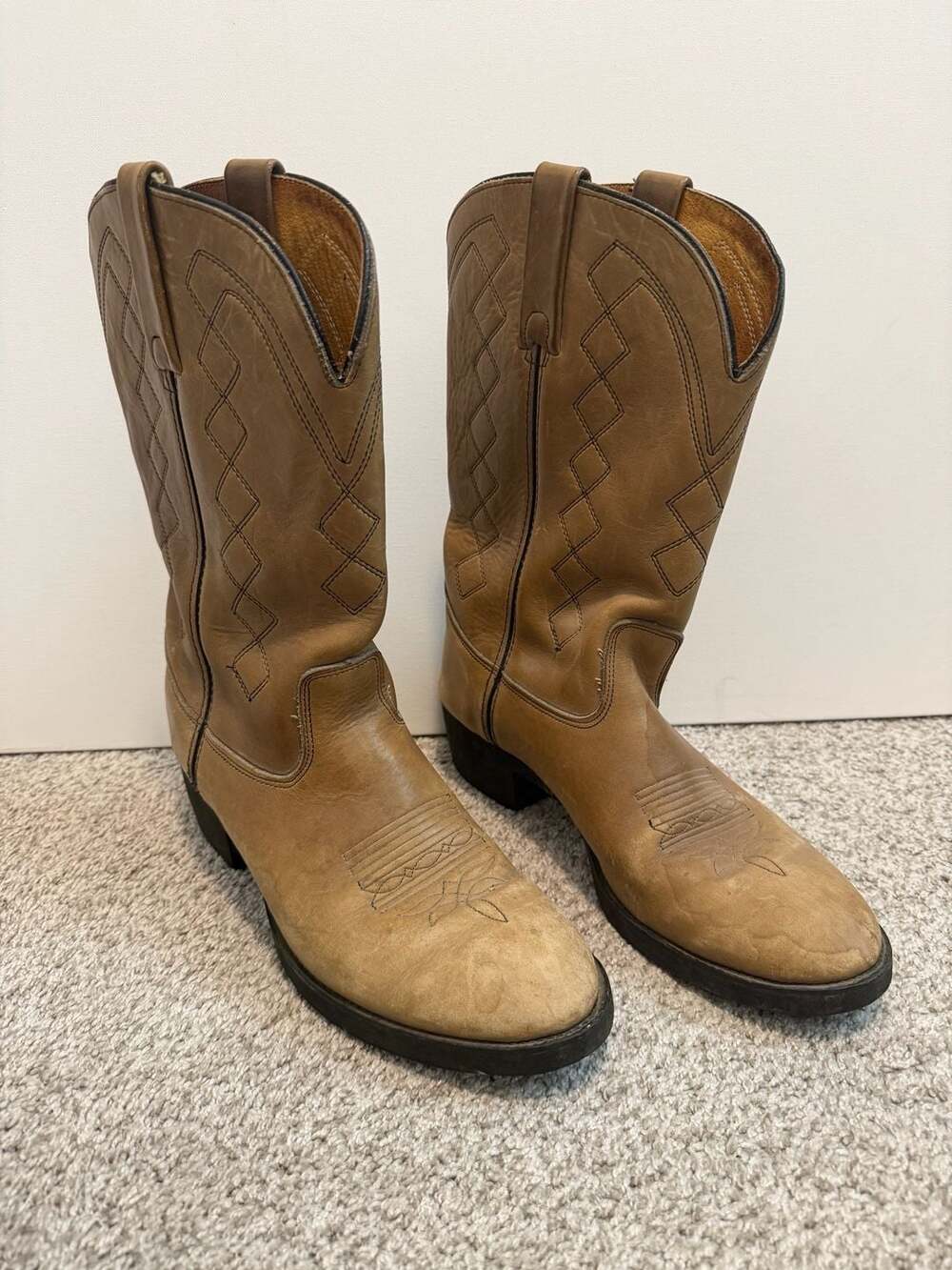 Durango Tan Leather Western Cowboy Boots Size 11 D - Diamond Stitch & Pull Tab